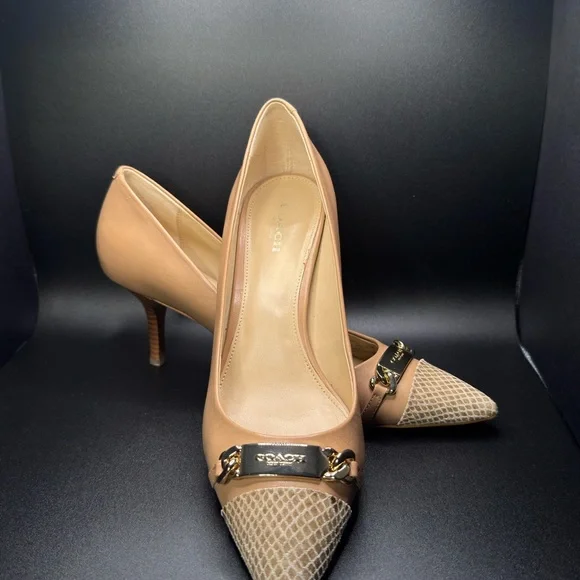 Coach Nude Pointed-Toe Flats with Gold Chain & Snakeskin Toe - Picture 8 of 12